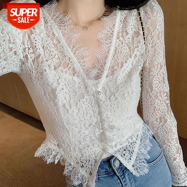 

slim short court style v-neck french pearl two-piece lace blouse can be issued on behalf of women #8d4q, White