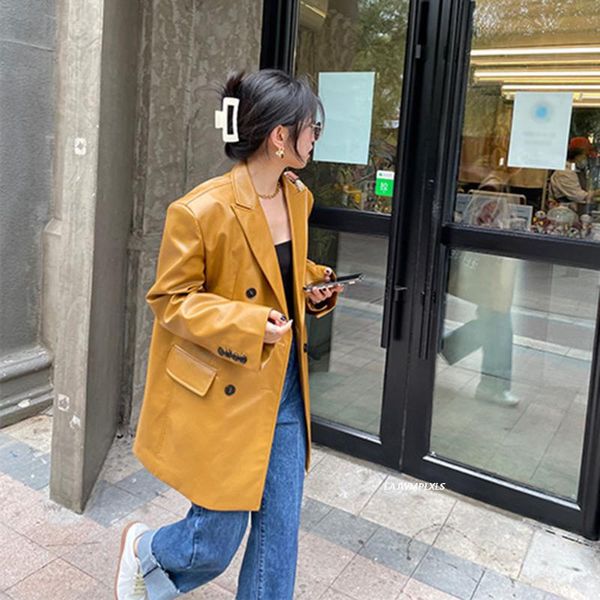 

women's leather & faux 2021 spring fashion chic green pu blazer autumn notched loose single breasted long sleeve suit jacket, Black