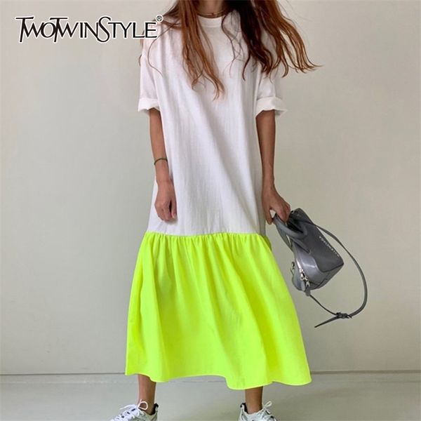 Twotwinstyle Kısa Kollu Yaz Elbise Kadınlar Için Moda Kore Patchwork Hit Renk Maxi Elbiseler Gündelik Elbise Kızlar Yeni 210331
