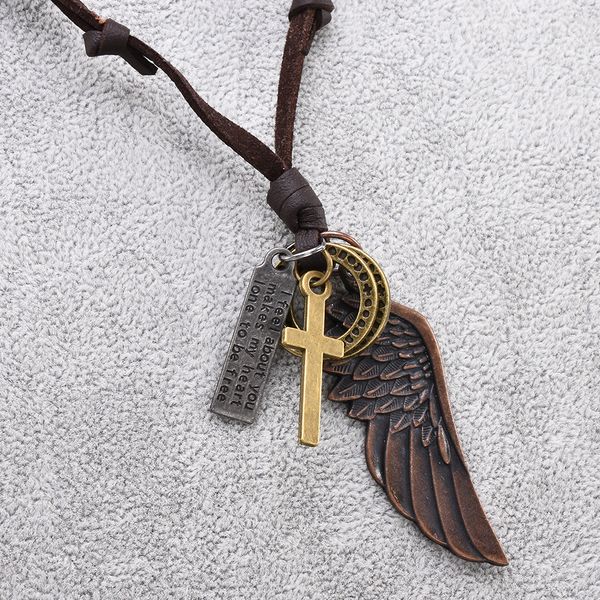 

feather angel wings necklace & pendants vintage brown leather neckless for women men jewelry boys necklace statement necklace, Silver