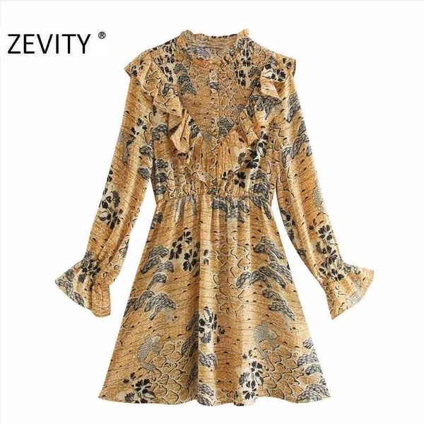 Zevidade Mulheres Moda Chinês Estilo Impressão Ruffles Mini Vestido Feminino Manga Longa Quimono Vestido Chic Casual Slim Vestidos DS4489 210603