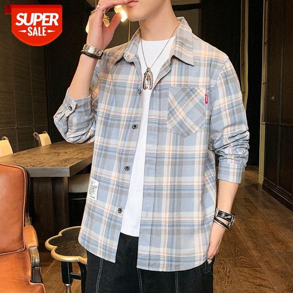 

long-sleeved shirt male korean classic plaid handsome student class clothes casual hong kong style trend #fd9h, White;black