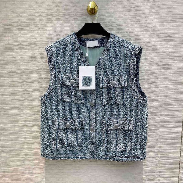 

vests fashion tweed vest jacket coat for women runway high-end blue v-neck four pocket single breasted retro tank short coats, Black;white