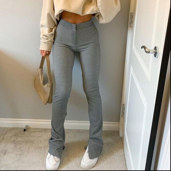 

dewadbow stretch bell bottom womens capri split trousers elegant slim grey flared pants high waist fashion long stacked, Black;white