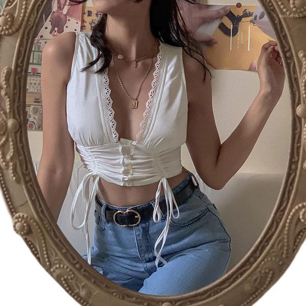 

women's tanks & camis solid color pleated lace up sling v-neck slim navel club holiday casual jacket vest home wear, White