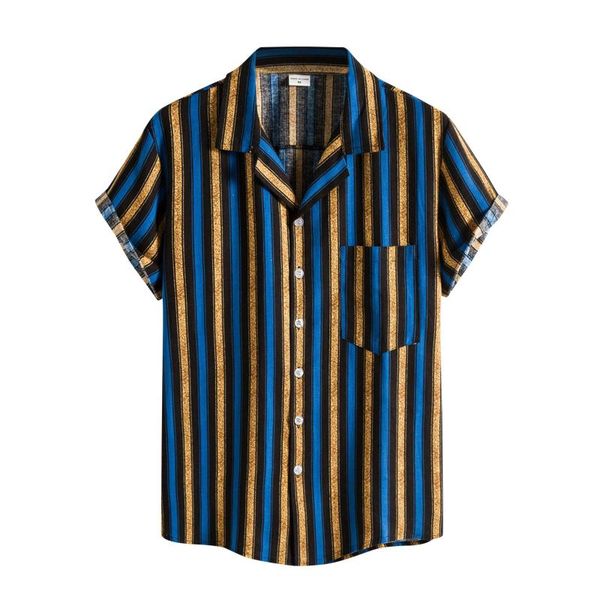 

men's casual shirts design plus size fashion stripe print cotton linen short sleeve button turn-down breathable shirt, White;black