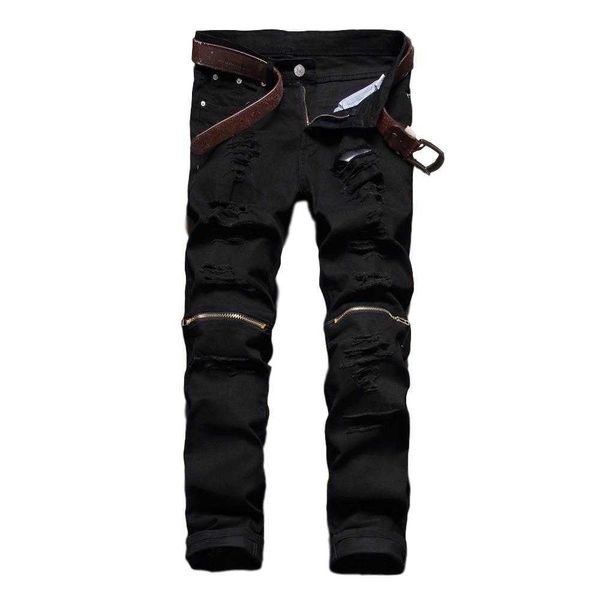 Idopy Jeans da uomo stile street alla moda con cerniere al ginocchio Pantaloni da jogging in denim elasticizzato hip-hop strappato effetto consumato X0621