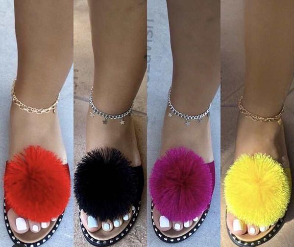 

summer women's slippers fur indoor flip flops casual sandals fluffy, Black