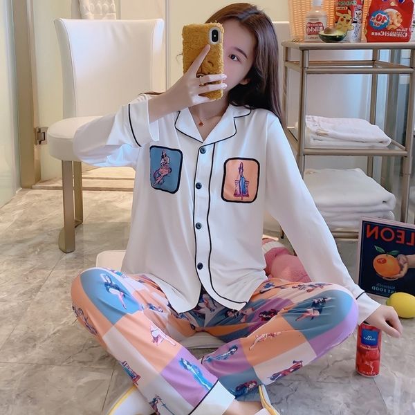 

Women's Sleepwear Spring Long Sleeve Pajama Set for Women Comic Print Cardigan Suit Homewear Loungewear Pyjama Pijama Mujer Clothes 6TCE, Black;red