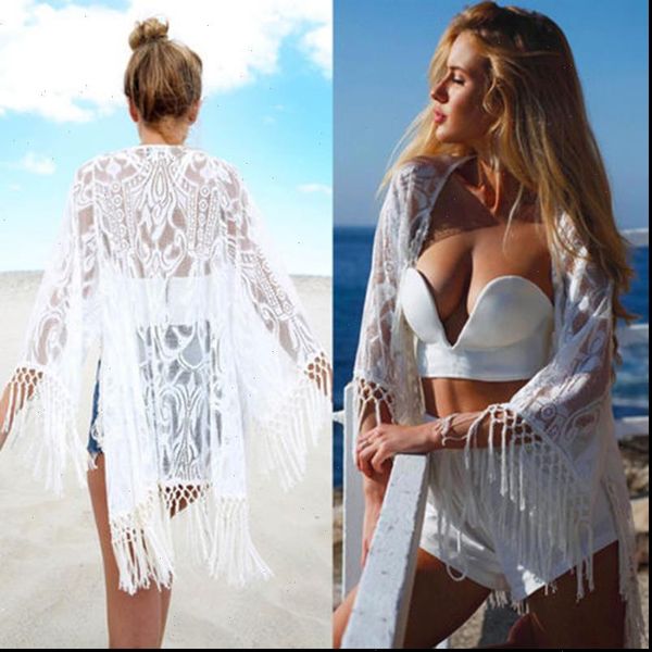 

summer womens shirts beach blouse women bikini lace tunic hollow out crochet tassel robe cover up kimono cardigan swimsuit, White