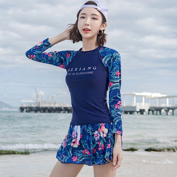 

korean sports women's split conservative skirt south bikini long sleeve sunscreen slim new better spring swimsuit, White;black