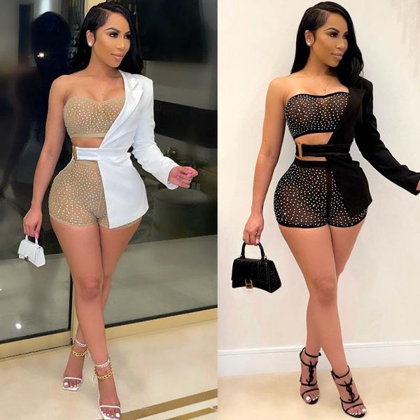 

women's tracksuits 2021 diamond mesh patchworktracksuit strapless crop and shorts one sleeve coat party club 3 pieces set matching, Gray