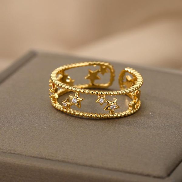 

cluster rings hollow out five-pointed star for women stainless steel gold irregular beaded finger cz open ring christmas jewelry gift, Golden;silver