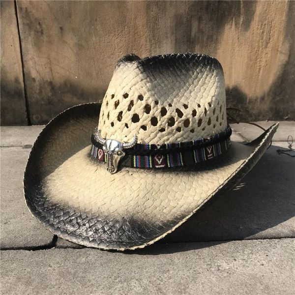 

cloches women men hollow western cowboy hat dad boater sombrero hombre lady handmade straw sunbonnet sun, Blue;gray