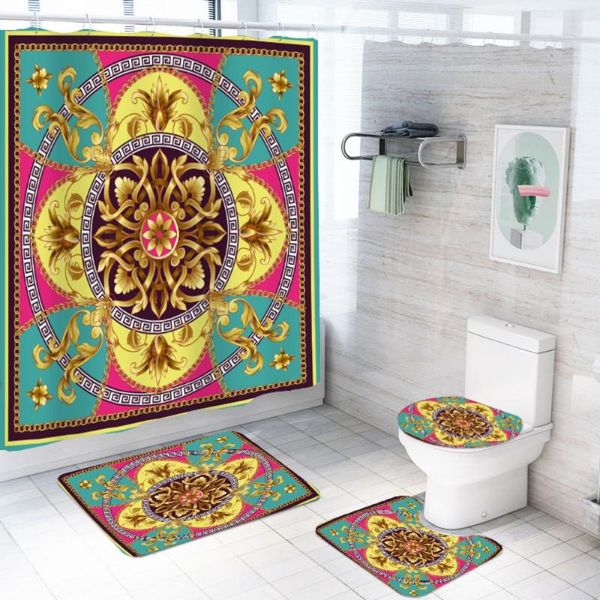 

individuality hollow shape pattern shower curtain with bath rug toilet cover floor mat waterproof vintage style accessory set