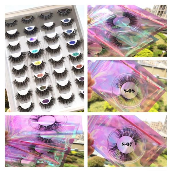 

false eyelashes holographic bag one pair 3d mink lashes 25mm set fluffy wholesale handmade lash with pink brush bulk soft wispy