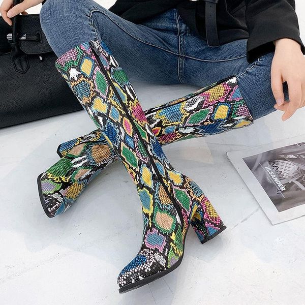 

boots 2021 women knee high print heels ladies shoes woman party dancing pumps basic microfiber leather size 34-39, Black