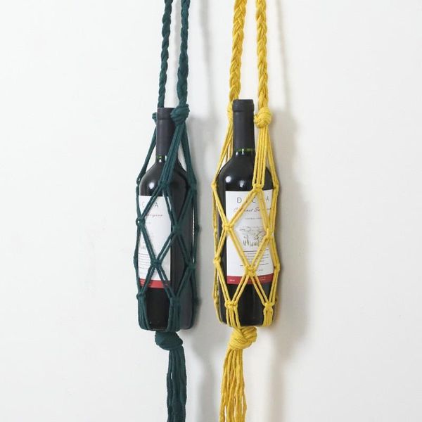 

knotted macrame wine bottle holder boho bag hanging bottles woven rope net pocket bags hooks & rails