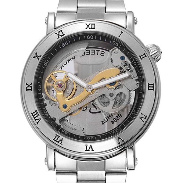 

wristwatches 2021 men watch shenhua brand transparent dial automatic mechanical tourbillon watches clock relogio masculino, Slivery;brown