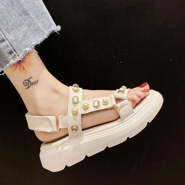 

dress shoes rimocy elegant ladies pearls sandals summer fashion thick platform white black woman straps beach sandalias 2021