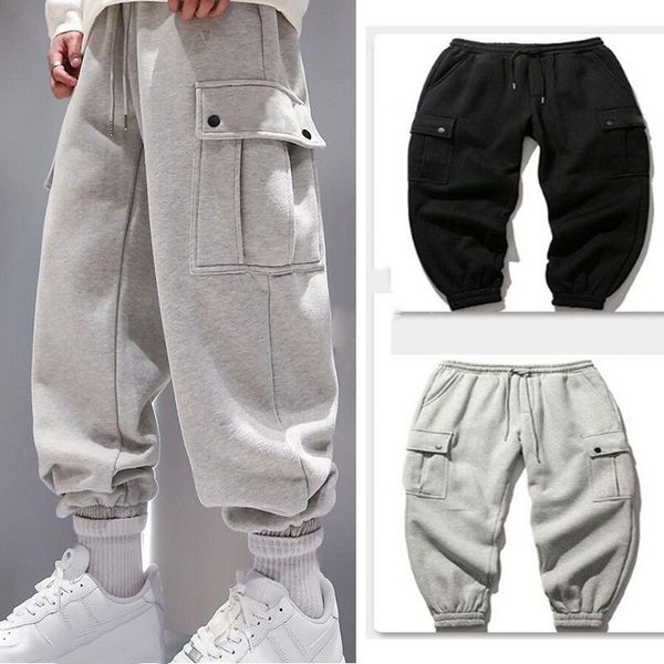 

men's pants autumn winter men solid color fleece jogger sweatpants drawstring mid waist fitting casual wild beam feet cargo trousers da, Black