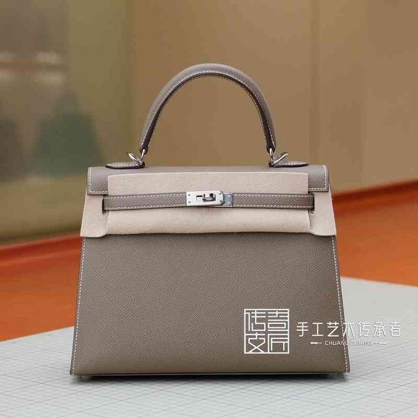 

designer handbags 2021 pure manual wax thread sewing bag epsom pikelli women's bag elephant grey kl25cm silver buckle messenger bag bb