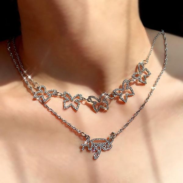 

korea crystal hollow butterfly clavicle chain necklaces collar multilayer shiny angel letter pendant for women jewelry, Silver