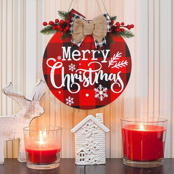 

decorative flowers & wreaths merry christmas decoration wreath red plaid door hanging sign wooden wall holiday home decor