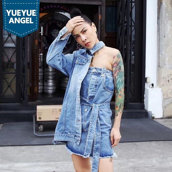 

casual dresses harajuku summer sashes denim women lapel off shoulder long sleeve lace up bandage female dress fashion streetwear, Black;gray
