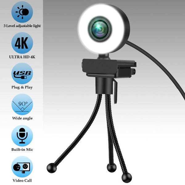 

webcams 4k/2k/1080p hd webcam with microphone auto-focus led web camera 3 level light kameras for computer pc video recording