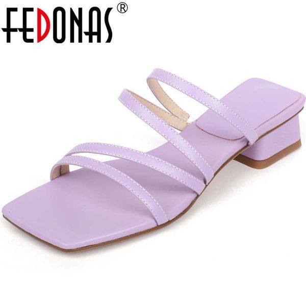 

fashion classic design female slippers genuine leather open-toed thick heels sandals for women party house shoes woman 210528, Black