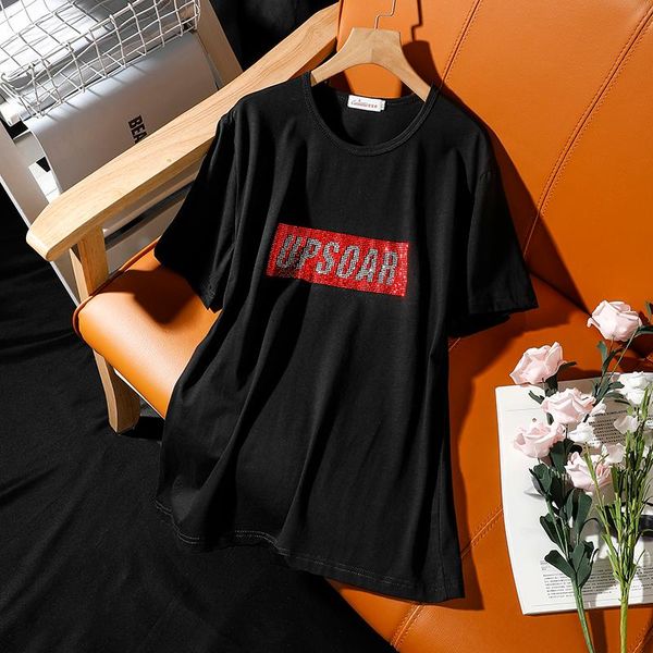 

women's t-shirt 2021 black t-shirts plus size letter drilling female summer diamond tees short sleeve t shirts clothes t137, White