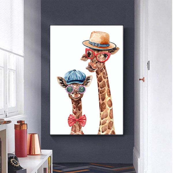 

paintings watercolor cute giraffe funny animal family poster canvas painting cuadros wall art picture for kids living room home decoration