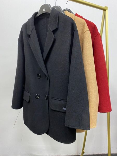 

women's wool & blends korean version of pure color loose straight-tube double-sided woolen coat small suit mid-length thin, Black