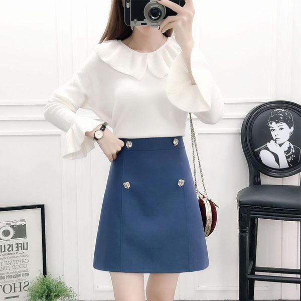 

knitting woolen cloth button decoration bust skirt of tall waist two-piece outfit women's two piece pants, White