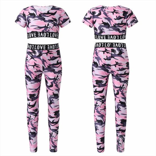 

6 14y kids girls workout sport suits camouflage printed bra crop with leggings pants for stage performance dance, White
