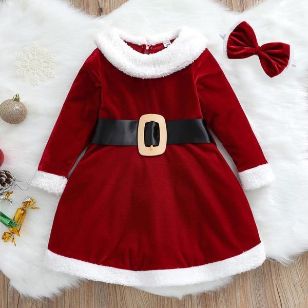 

girl's dresses toddler kids baby girls christmas outfit long sleeve red velvet princess fur dress with belt children santa xmas gifts, Red;yellow