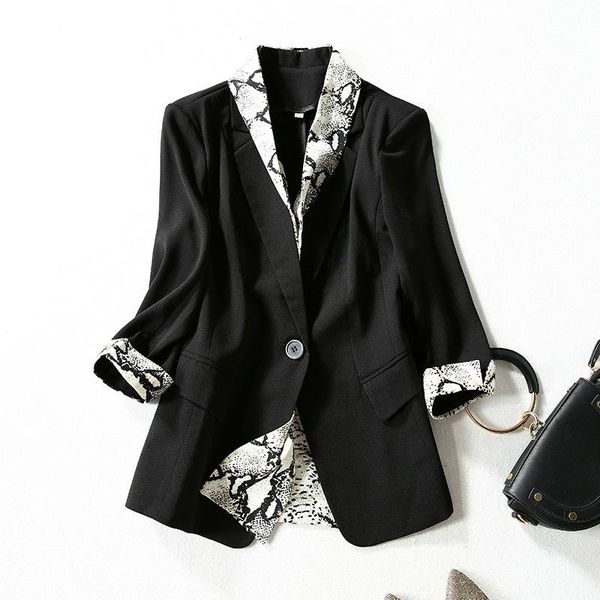 

women's jackets jacket women summer 2021 fashion printed patchwork notched collar three quarter sleeves single button, Black;brown
