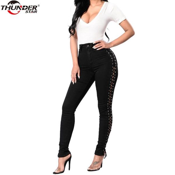 

hollow out black jeans women bottom streetwear lace up fringe pencil pants 2021 autumn trousers skinny female denim women's, Blue