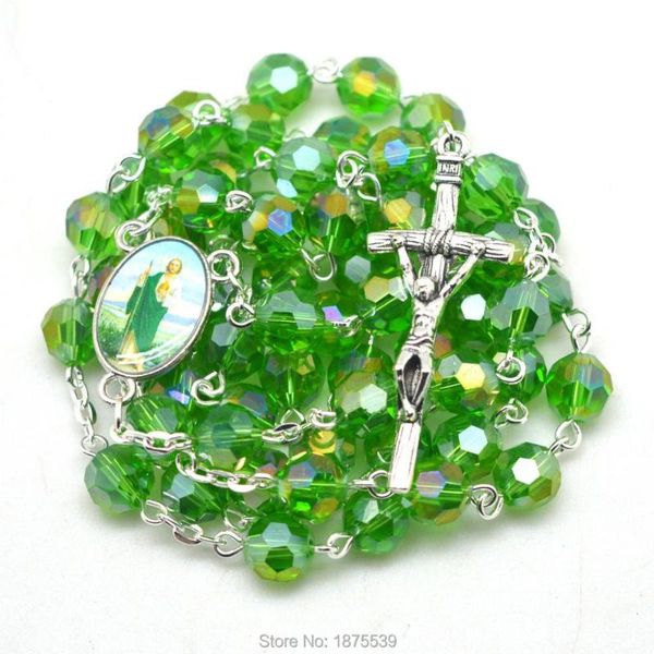 

green faceted crystal bead jude rosary necklace chains, Silver