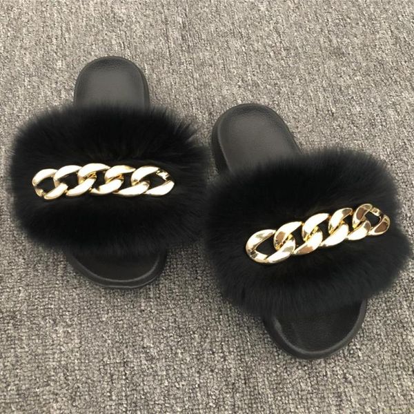 

slippers sandals furry fur fluffy flip flops diamond chain real slides for women ladies house beach flat shoes, Black