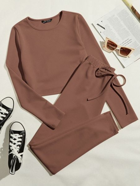 

rib-knit solid & tie waist leggings set z8a3#, White
