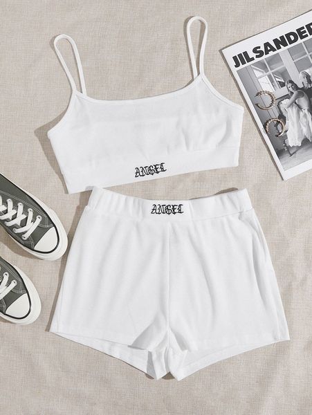 

letter embroidered cami & shorts set 91xb#, White