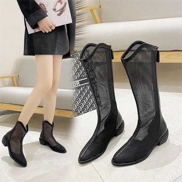 

mesh sandals women high heels ankle boot for summer breathable ponited toe lace shoes hollow back zipper black female boots
