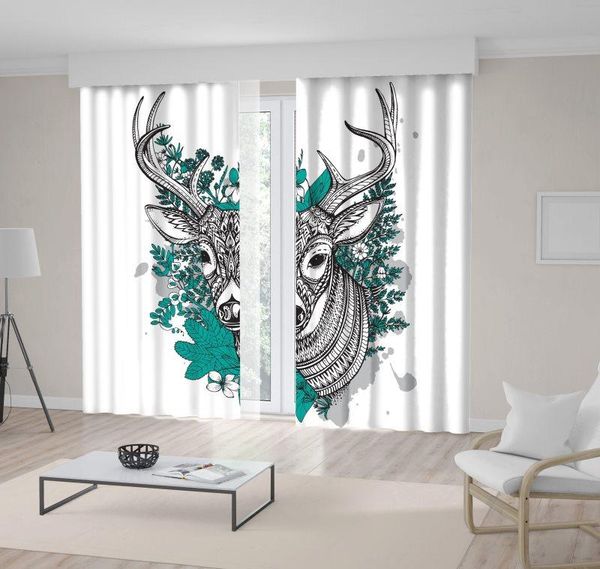 

curtain & drapes dear head in forest flowers leaves tree branches doodle style decorative artwork green black white