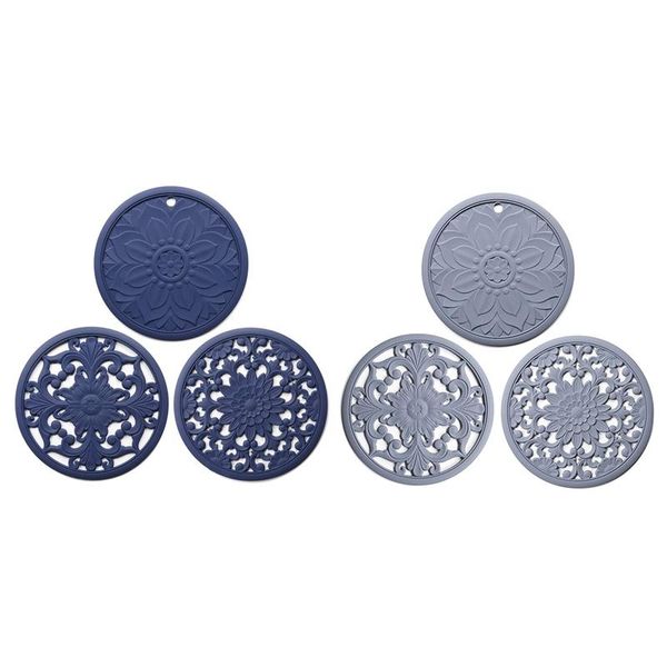 

mats & pads 2 set silicone mat with 3 pattern designs, pot holder pad, heat resistant trivets, blue gray