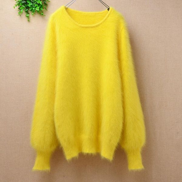 Maglioni da donna Donna Moda Giallo Visone peloso Cashmere O-Collo Lavorato a maglia Allentato Maniche lunghe a lanterna Pullover sottile Maglione in pelliccia d'angora S