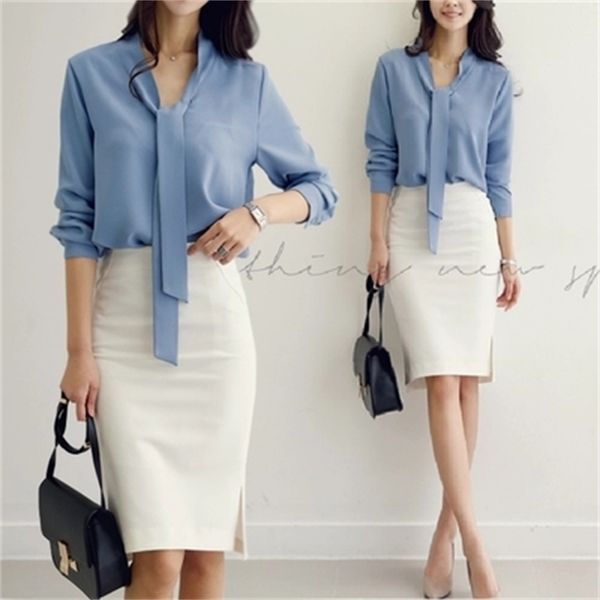

spring women clothing long-sleeved bow tie blusas korean loose chiffon shirt women's blouse 699c 30 210415, White