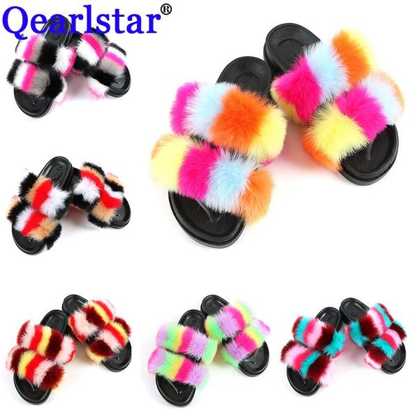 

slippers qearlstar 100% women fur fashion faux fluffy shoes luxury cute sandals casual flat slides female hy04, Black