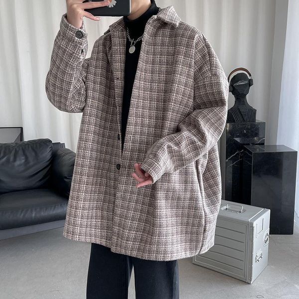 

men's wool & blends autumn winter plaid woolen coat korean casual fashion loose streetwear warm jacket men, Black